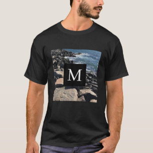 Photo of Ocean Waves and Rocks Initial Black T-Shirt