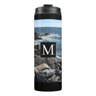 Photo of Ocean Waves and Rocks Initial Black Thermal Tumbler