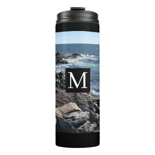 Photo of Ocean Waves and Rocks Initial Black Thermal Tumbler (Front)