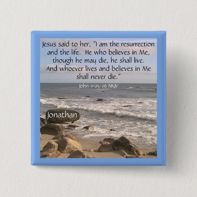 Photo of Ocean With Resurrection Scripture Easter 2 Inch Square Button (Front)