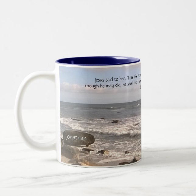 Photo of Ocean With Resurrection Scripture Easter  Two-Tone Coffee Mug (Left)