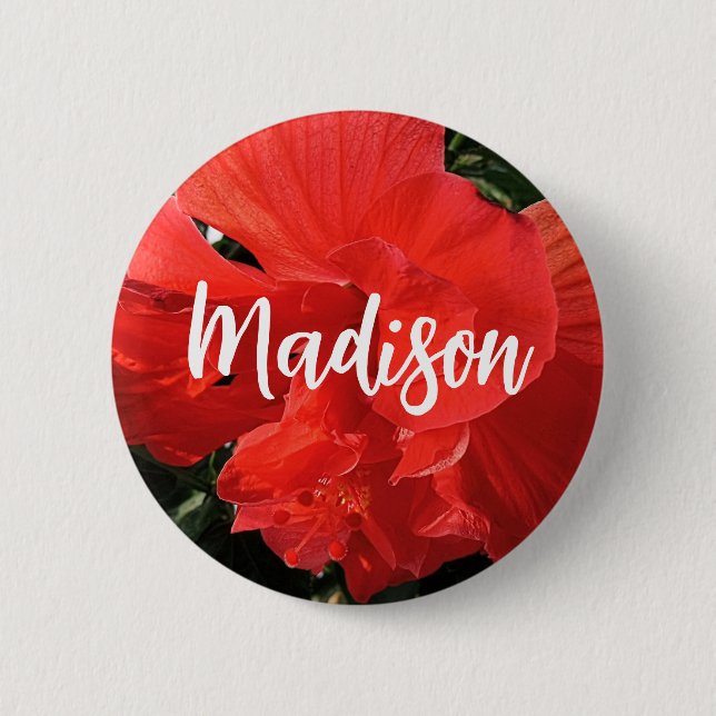 Photo of Orange Double Hibiscus Custom Name 2 Inch Round Button (Front)