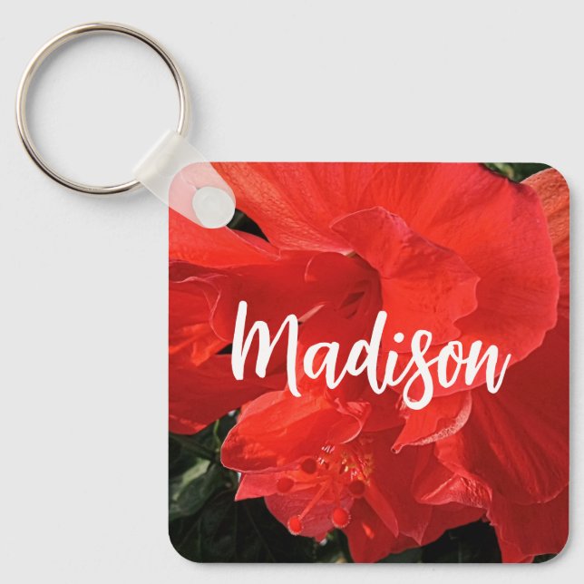 Photo of Orange Double Hibiscus Custom Name Keychain (Front)