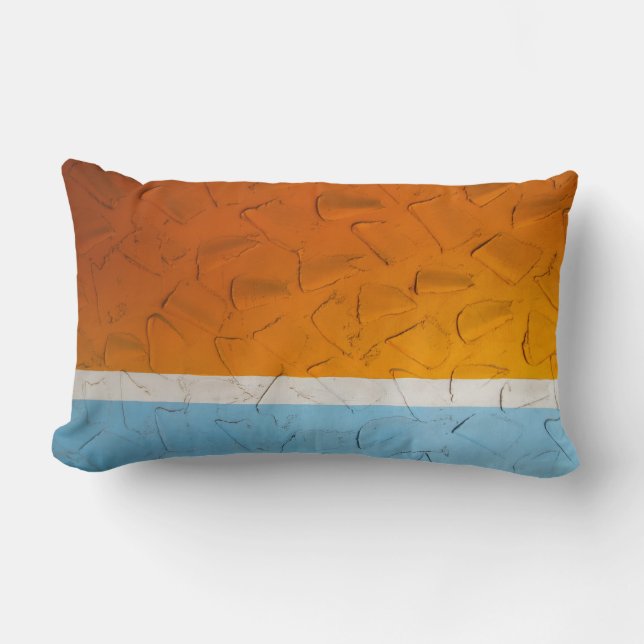 Photo of orange, white, and blue artwork lumbar pillow (Front)