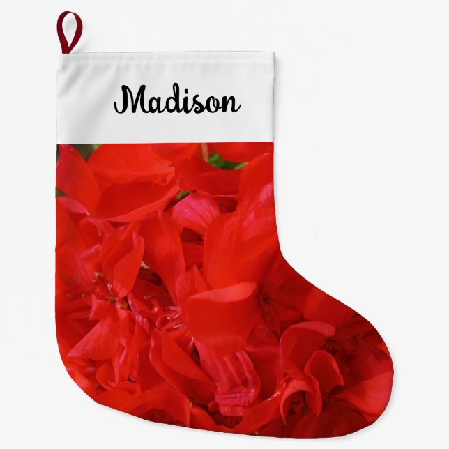 Photo of Red Geranium Flower Custom Name Large Christmas Stocking (Front)