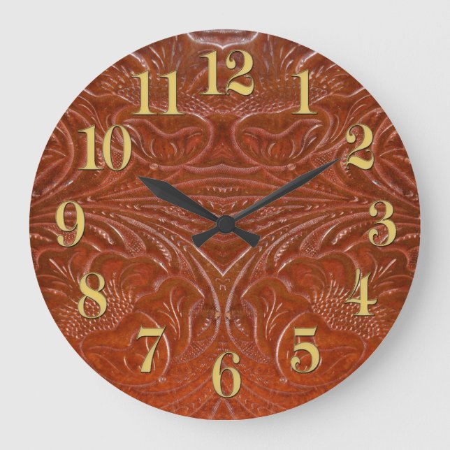 Photo of Rustic Tooled, Leather-Look Design Large Clock (Front)