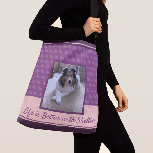 Photo of Shetland Sheepdog on Purple and Pink Crossbody Bag (Close Up)