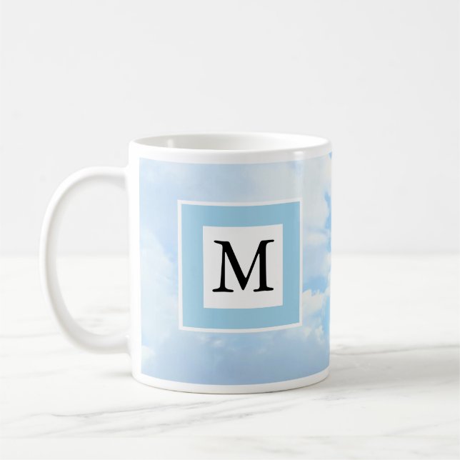 Photo of Soft Blue Sky Custom Single Initial Coffee Mug (Left)