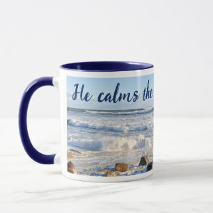 Photo of Stormy Ocean Waves Bible Verse Navy Blue Mug