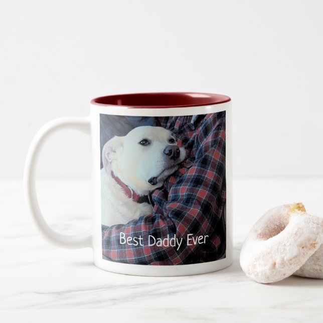 Photo of Sweet White Dog with Daddy Father's Day Two-Tone Coffee Mug (With Donut)