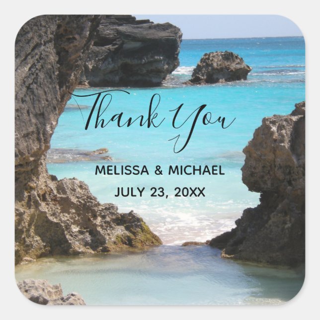 Photo of Tropical Island Coast & Sea Thank You Square Sticker (Front)