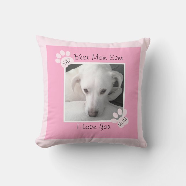 Photo of Unique Cute White Dog Monogram Pink Paws Throw Pillow (Front)