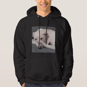 Photo of White Dog With Tail Covering Face Hiding Hoodie