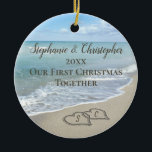 Photo on Back First Christmas Together Beach Ceramic Ornament<br><div class="desc">Add your ophoto on the back! Remember a beach wedding or honeymoon with this keepsake wedding ornament. First Christmas together with two interlocking beach wedding hearts drawn in the sand makes an elegant tropical ocean coastal nautical theme wedding, matching set of items. Pretty turquoise water waves crashing on the shore...</div>