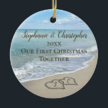 Photo on Back First Christmas Together Beach Ceramic Ornament<br><div class="desc">Add your ophoto on the back! Remember a beach wedding or honeymoon with this keepsake wedding ornament. First Christmas together with two interlocking beach wedding hearts drawn in the sand makes an elegant tropical ocean coastal nautical theme wedding, matching set of items. Pretty turquoise water waves crashing on the shore...</div>