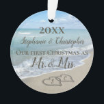 Photo on Back First Christmas Together Beach Ornament<br><div class="desc">Add your ophoto on the back! Remember a beach wedding or honeymoon with this keepsake wedding ornament. First Christmas together with two interlocking beach wedding hearts drawn in the sand makes an elegant tropical ocean coastal nautical theme wedding, matching set of items. Pretty turquoise water waves crashing on the shore...</div>