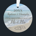 Photo on Back First Christmas Together Beach Ornament<br><div class="desc">Add your ophoto on the back! Remember a beach wedding or honeymoon with this keepsake wedding ornament. First Christmas together with two interlocking beach wedding hearts drawn in the sand makes an elegant tropical ocean coastal nautical theme wedding, matching set of items. Pretty turquoise water waves crashing on the shore...</div>