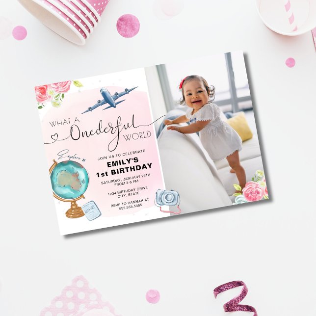 Photo ONEderful World Girl 1st Birthday Invitation (Créateur téléchargé)