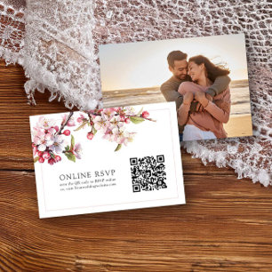 Photo Online RSVP QR Code Cherry Blossom Wedding Card