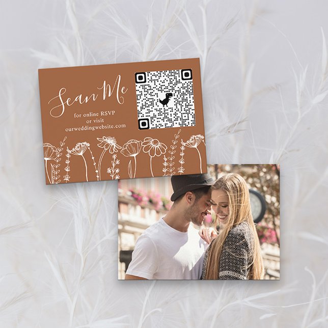 Photo Online RSVP QR Code Terracotta Wildflower Enclosure Card (QR Code RSVP Card with Photo in Terracotta Burnt Orange, from my Wildflower Sketch collection)