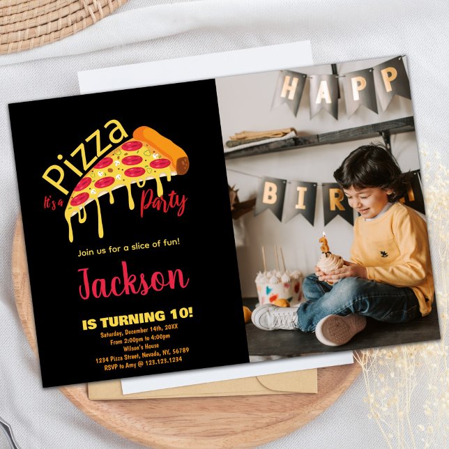 Photo Orange Black Red Pizza Invitations Anniversa (Photo Orange Black Red Pizza Birthday Invitations)
