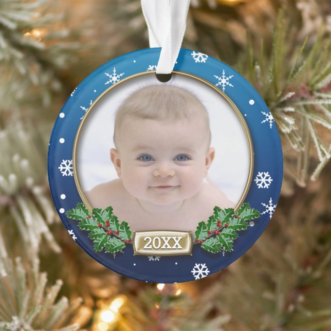 Photo Ornament | Baby's 1st Christmas (Blue) (Tree)