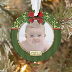 Photo Ornament Baby's 1st Christmas Green Damask