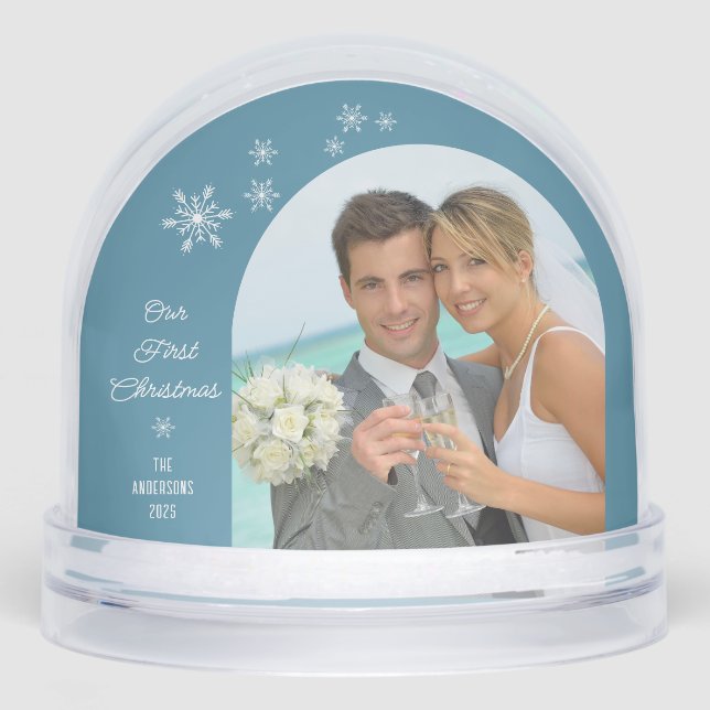 Photo Our First Christmas Elegant Script Newlywed Snowglobe (Front)