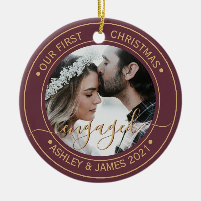Photo Our First Christmas Engaged Burgundy Ceramic Ornament (Front)