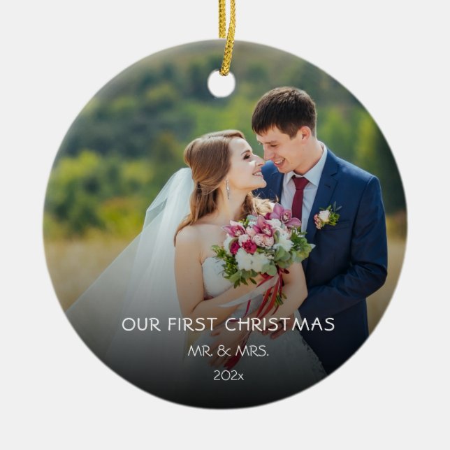  Photo Our First Christmas Married Faux Marble Ce Ceramic Ornament (Front)