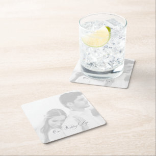 Photo Our Wedding Day Reception Square Paper Coaster