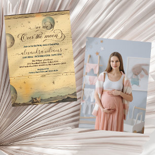 Photo Over the Moon Stars Blue Baby Shower Invitation