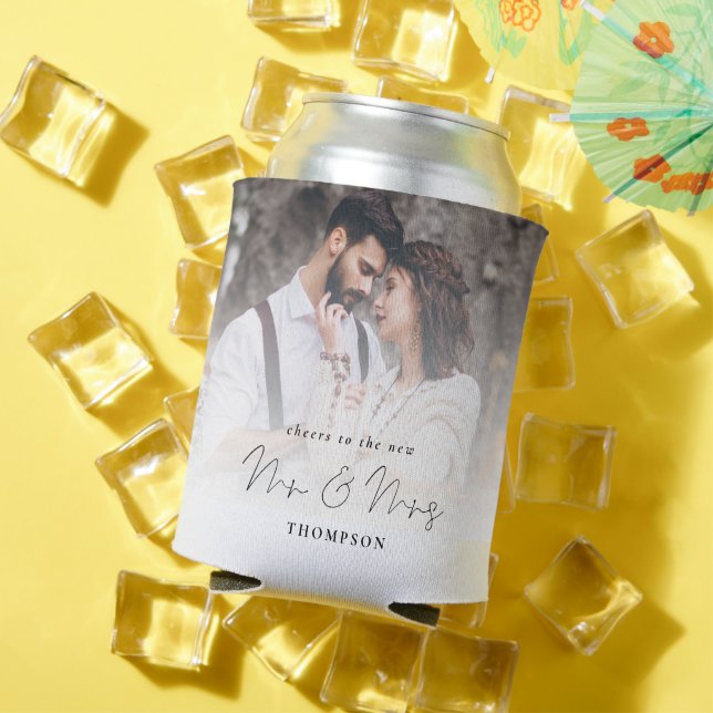 Photo Overlay Cheers Newlweds Mr Mrs Wedding Can Cooler (In Situ Summer)