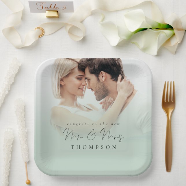 Photo Overlay Congrats New Mr Mrs Sage  Paper Plate (Wedding)