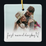 Photo Overlay First Married Christmas Names Year  Ceramic Ornament<br><div class="desc">Photo Overlay First Married Christmas Names Year. To celebrate your first holiday season as newlyweds and keepsake for Chrstmasses to come, easily personalize your names and year or wedding date on the back. With a funky set script and heart motif for First married Christmas along with your photo on the...</div>