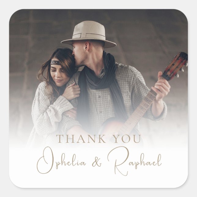 Photo Overlay Gold Text Boho Wedding Thank You Square Sticker (Front)