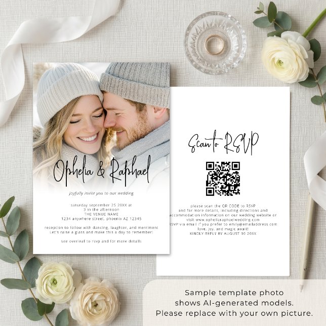 Photo Overlay Informal Script QR Code Wedding Invitation (Creator Uploaded)