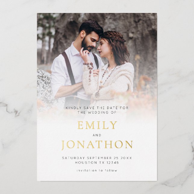 Photo Overlay Luxury Foil Save The Date card (Front)