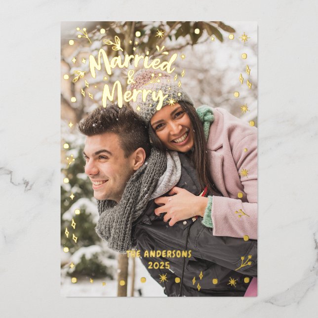 Photo Overlay Married Merry Newlywed Foil Holiday Card (Front)