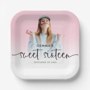 Photo Overlay Name Date Script Sweet Sixteen Paper Plate