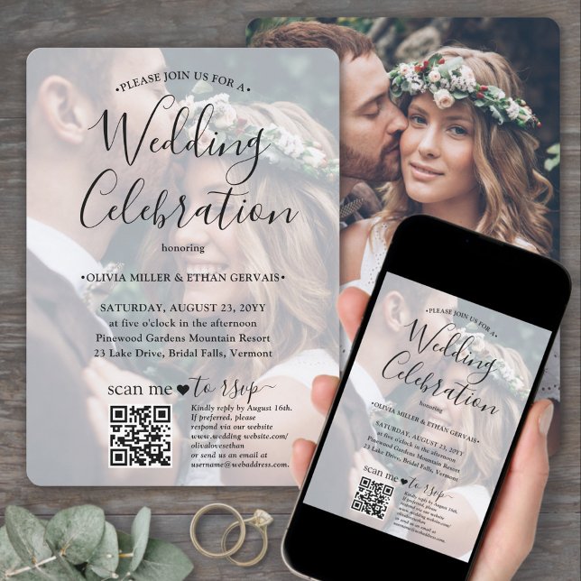 Photo Overlay QR Code RSVP Simple Script Wedding Invitation (Creator Uploaded)