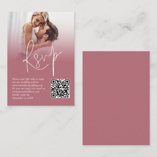 Photo Overlay QR Rose Gold Script Wedding RSVP Enclosure Card (Front/Back)
