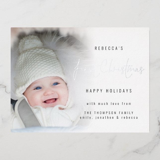 Photo Overlay Script Baby 1st Christmas Luxury  Foil Holiday Postcard (Front)