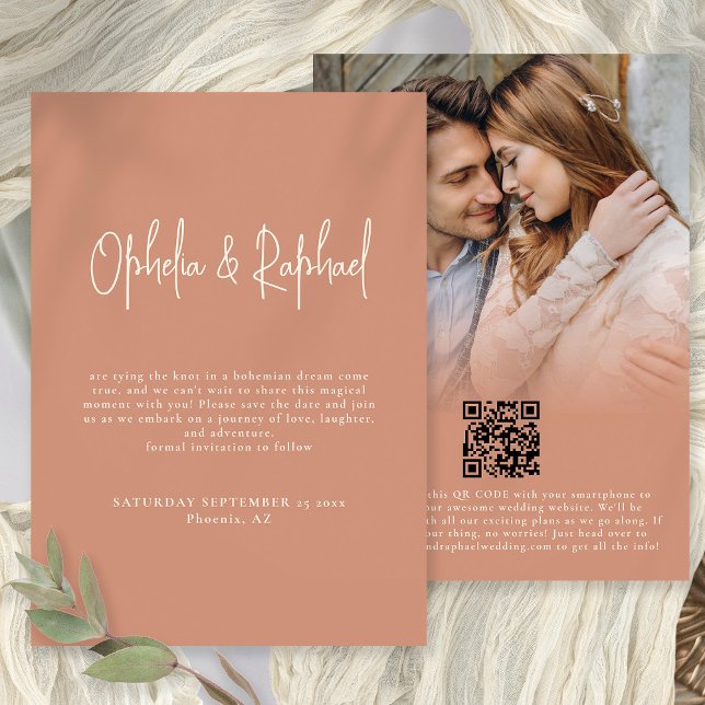 Photo Overlay Script QR Boho Wedding Terracotta Save The Date (Front and back view)