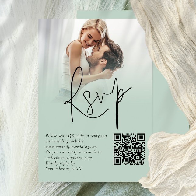 Photo Overlay Script QR Sage Wedding Carte RSVP (Available printed or digitally)