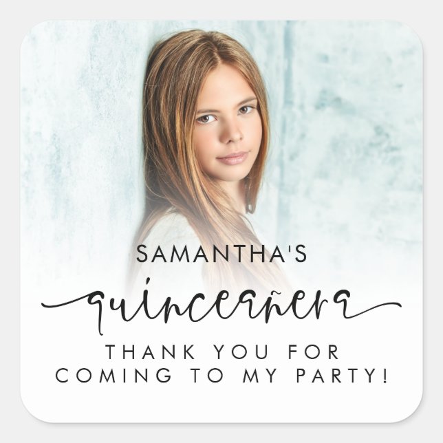 Photo Overlay Script Quinceañera Thank You  Square Sticker (Front)