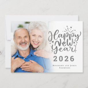 Photo Overlay Silver Glitter Happy New Year 2026 Holiday Card