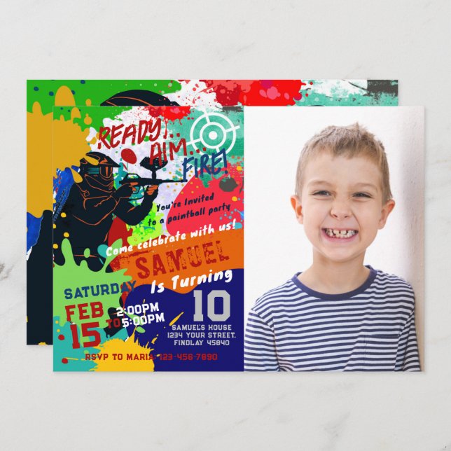 Photo Paintball Birthday Invitation, Paintball  Invitation (Front/Back)