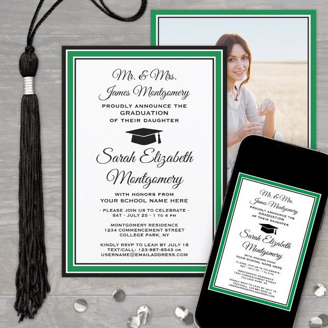 Photo & Parents Names Green Black White Graduation Invitation (Creator Uploaded)