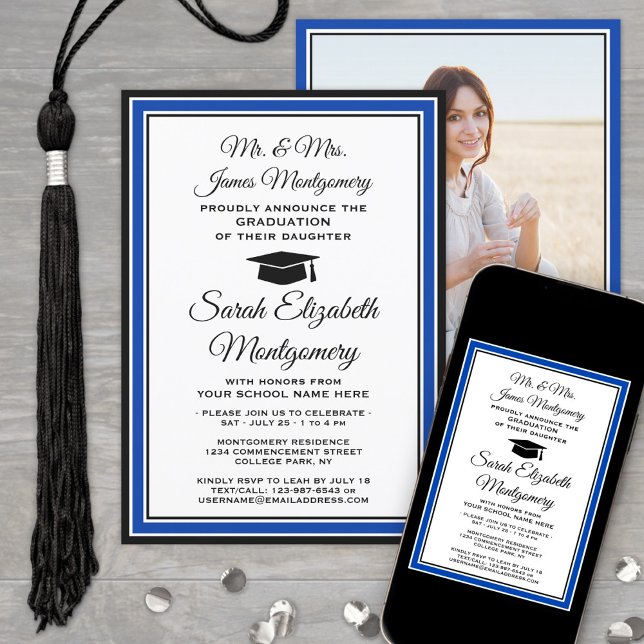 Photo & Parents Names Royal Blue White Graduation Invitation (Creator Uploaded)